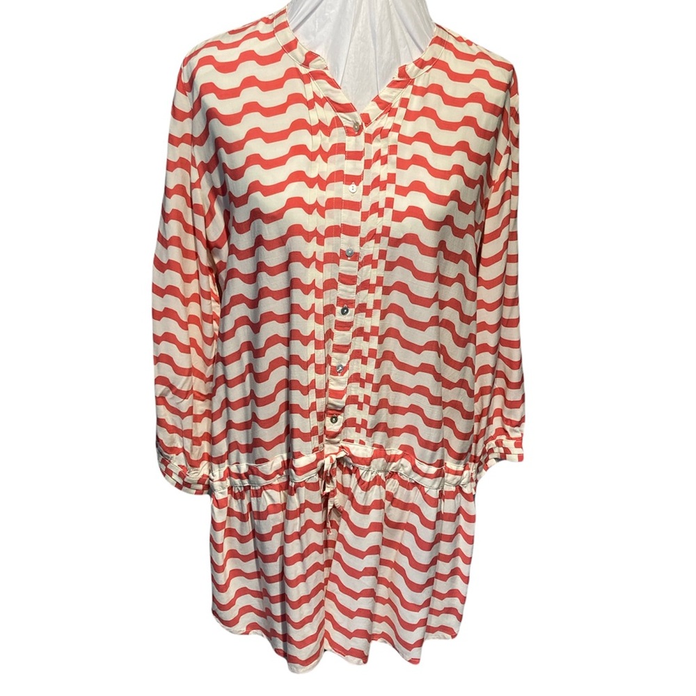 - - - - Anthropologie Isabella Sinclair orange and white wavy striped tuni…